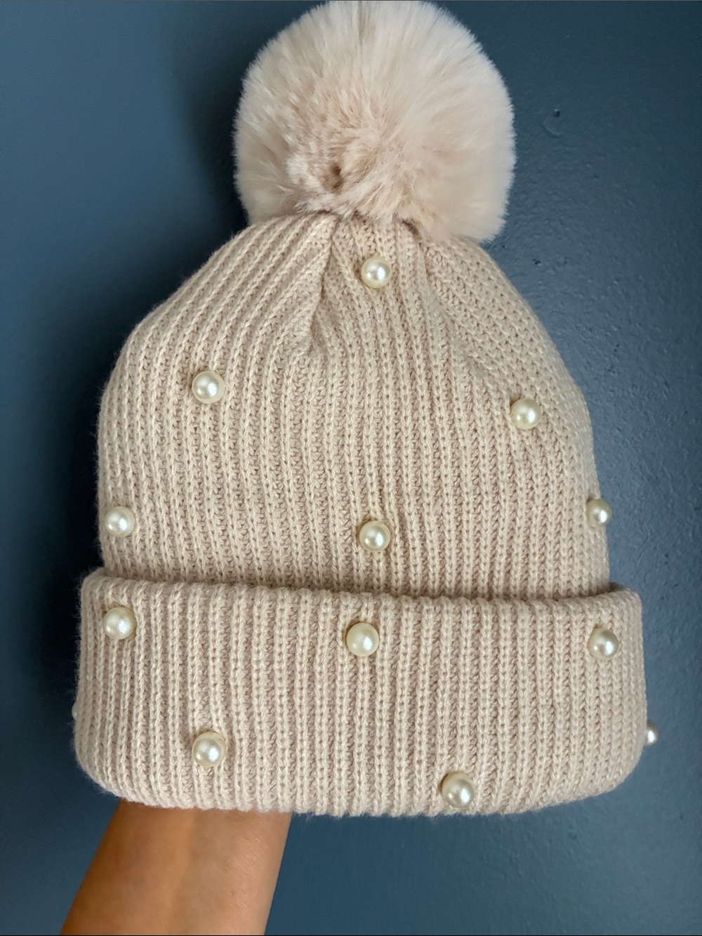 Pearl-Embellished Cream Knit Pom Beanie - Women